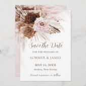 Save The Date Mariage Bohème Poussiéreux Rose Brun Floral Herbe  (Devant / Derrière)