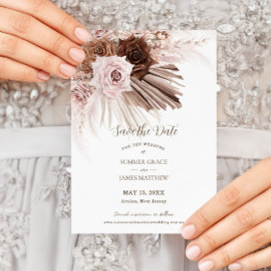 Save The Date Mariage Bohème Poussiéreux Rose Brun Floral Herbe 