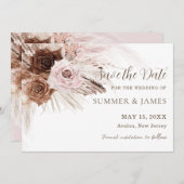 Save The Date Mariage Bohème Poussiéreux Rose Brun Floral Herbe  (Devant / Derrière)