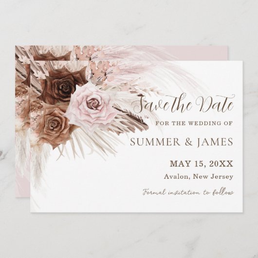 Save The Date Mariage Bohème Poussiéreux Rose Brun Floral Herbe  (Devant / Derrière)
