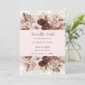 Save The Date Mariage Bohème Rose Poussiéreux Brun Fleurs d'Herb (Debout devant)