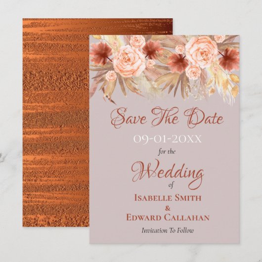 Save The Date Mariage Bohème Rustique Herbe de Pampas & Cuivre (Devant / Derrière)