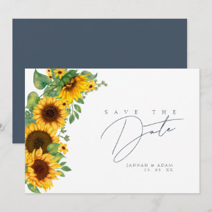 Save The Date Mariage Bohème Tournesol Monogramme Bleu Ardoise
