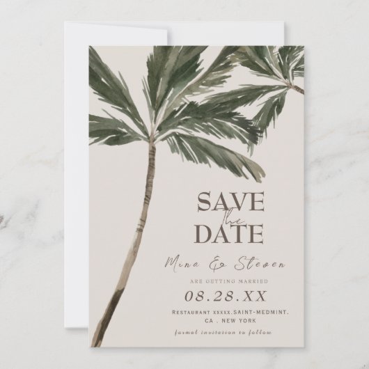 Save The Date mariage bohème tropical à la plage avec palmiers a (Devant)