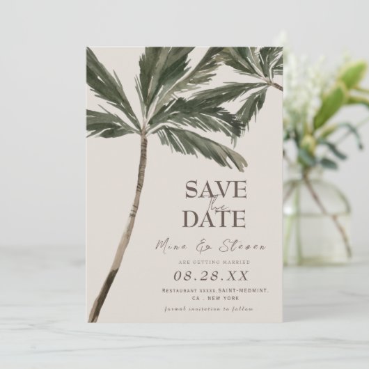 Save The Date mariage bohème tropical à la plage avec palmiers a (Debout devant)