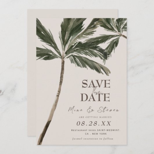Save The Date mariage bohème tropical à la plage avec palmiers a (Devant / Derrière)