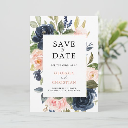 Save The Date Mariage Boho bleu bleu bleu rose bleu marine (Debout devant)