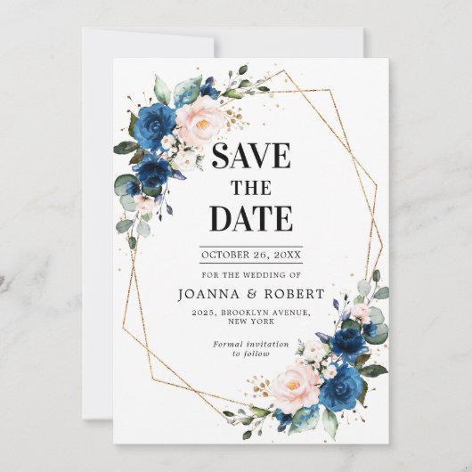 Save The Date Mariage Boho bleu bleu bleu rose bleu marine (Devant)