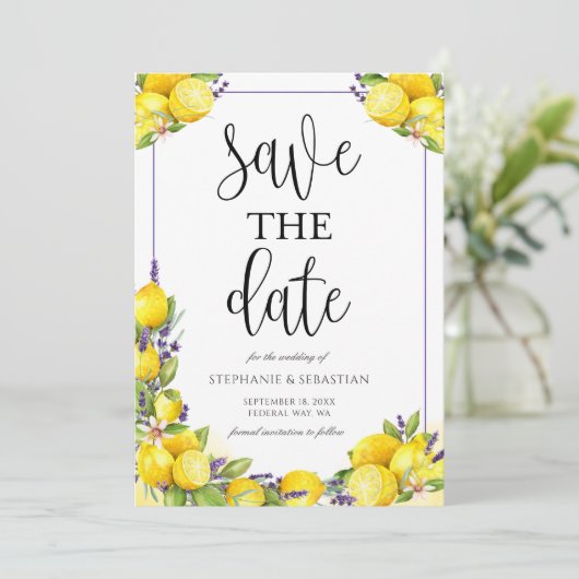 Save The Date Mariage Boho de lavande de citron d'aquarelle (Debout devant)