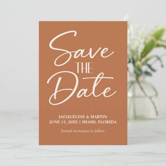 Save The Date Mariage Boho en crème de cuivre en terre cuite (Debout devant)