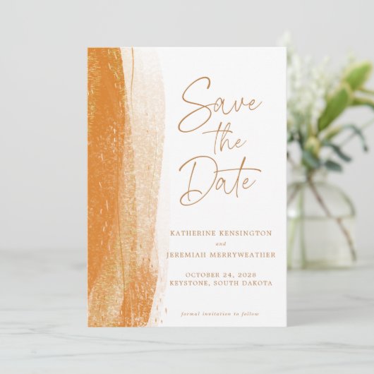 Save The Date Mariage Boho en or en terre cuite moderne (Debout devant)
