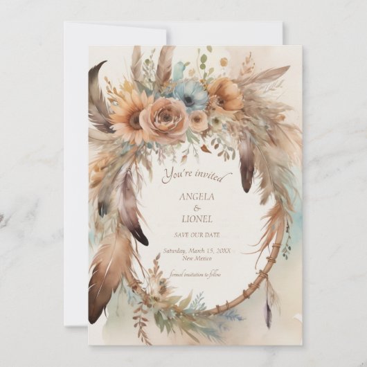 Save The Date Mariage Boho Floral Feather Dreamcatcher (Devant)
