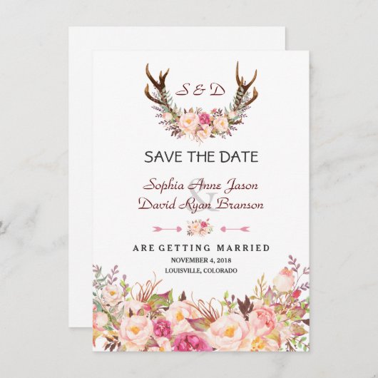 Save The Date Mariage Bois de Cerf Floral Rose Charm (Devant / Derrière)