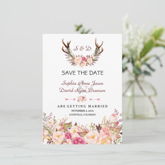 Save The Date Mariage Bois de Cerf Floral Rose Charmant (Debout devant)