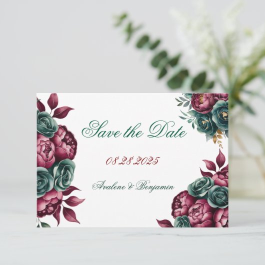 Save The Date Mariage Bordeaux Émeraude Vert Paon Broderie Or (Debout devant)