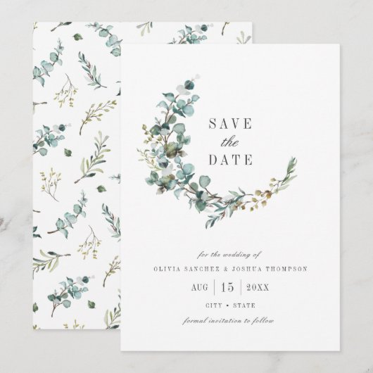 Save The Date Mariage botanique à l'aquarelle Eucalyptus (Devant / Derrière)