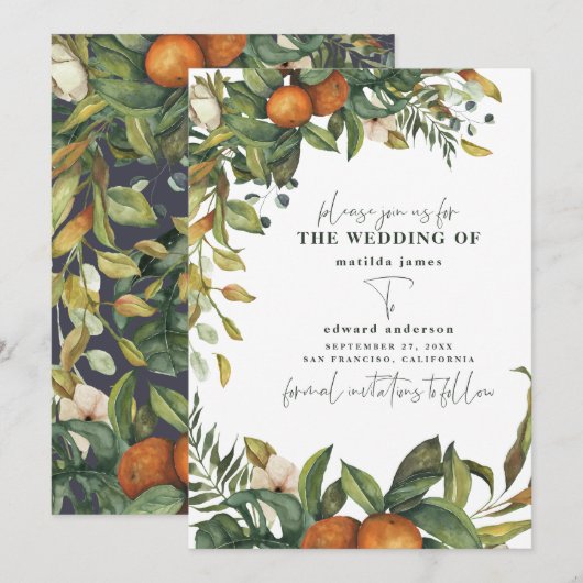 Save The Date Mariage botanique à l'aquarelle orange citrus (Devant / Derrière)