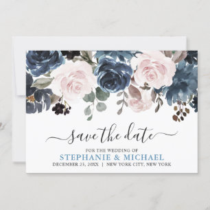 Save The Date Mariage botanique bleu pâle rose rose
