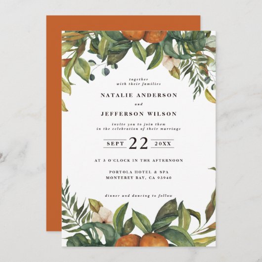 Save The Date Mariage botanique d'agrumes orange (Devant / Derrière)