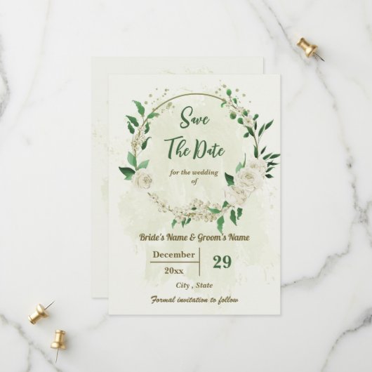 Save The Date mariage botanique de fleurs blanches d'ivoire (Devant/Arrière en situation)