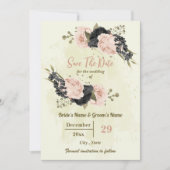 Save The Date mariage botanique de fleurs roses et noires (Devant)