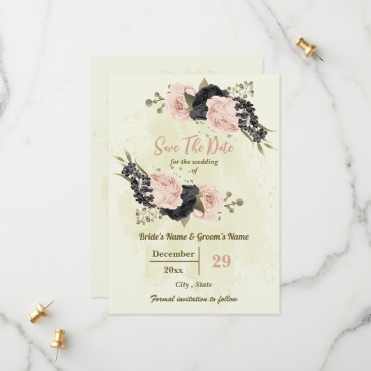 Save The Date mariage botanique de fleurs roses et noires (Devant/Arrière en situation)