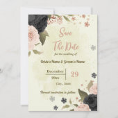 Save The Date mariage botanique de fleurs roses et noires (Devant)