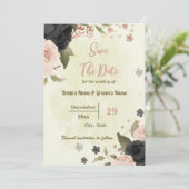 Save The Date mariage botanique de fleurs roses et noires (Debout devant)