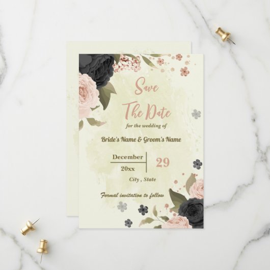 Save The Date mariage botanique de fleurs roses et noires (Devant/Arrière en situation)