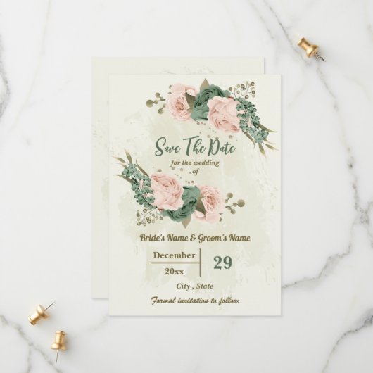 Save The Date Mariage botanique de fleurs vertes de blanc et de (Devant/Arrière en situation)