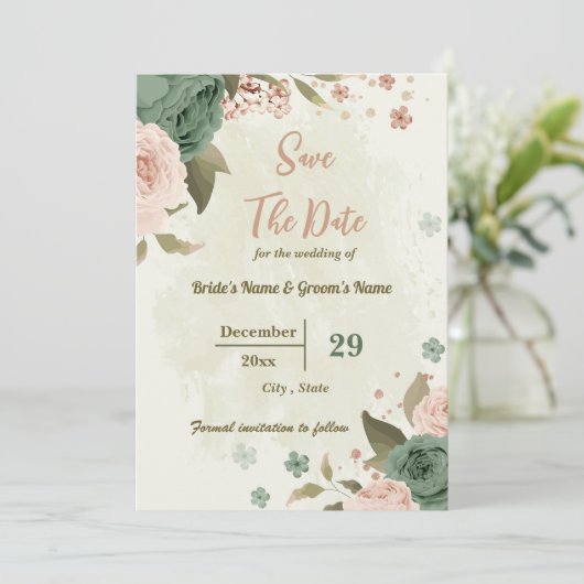 Save The Date Mariage botanique de fleurs vertes de blanc et de  (Debout devant)