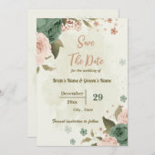 Save The Date Mariage botanique de fleurs vertes de blanc et de  (Devant / Derrière)