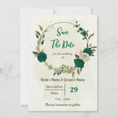 Save The Date mariage botanique des fleurs beiges vert émeraude (Devant)