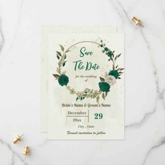 Save The Date mariage botanique des fleurs beiges vert émeraude (Devant/Arrière en situation)