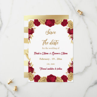 Save The Date mariage botanique des fleurs bordeaux et or