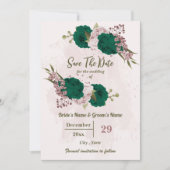 Save The Date mariage botanique des fleurs vert émeraude rose (Devant)