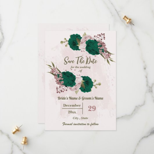 Save The Date mariage botanique des fleurs vert émeraude rose (Devant/Arrière en situation)