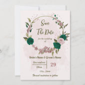 Save The Date mariage botanique des fleurs vert émeraude rose (Devant)