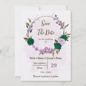 Save The Date mariage botanique des fleurs violettes vert émerau (Devant)