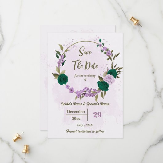 Save The Date mariage botanique des fleurs violettes vert émerau (Devant/Arrière en situation)
