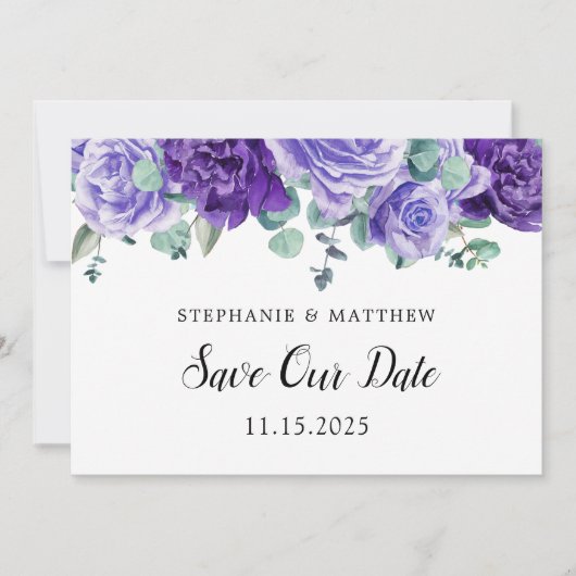 Save The Date Mariage botanique d'Eucalyptus aux fleurs violette (Devant)