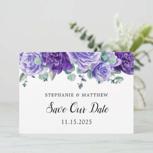 Save The Date Mariage botanique d'Eucalyptus aux fleurs violette (Debout devant)