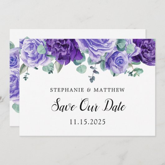 Save The Date Mariage botanique d'Eucalyptus aux fleurs violette (Devant / Derrière)