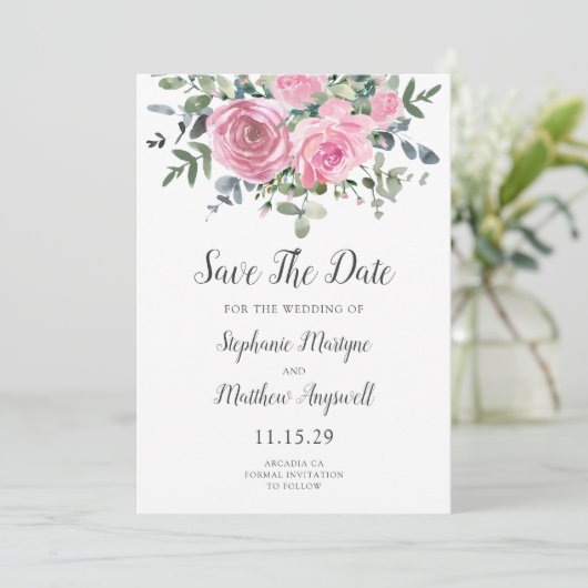 Save The Date Mariage botanique d'Eucalyptus rose poussiéreux (Debout devant)