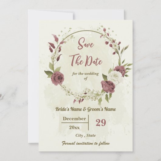Save The Date Mariage botanique Dusty rose & fleurs blanches (Devant)