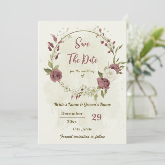 Save The Date Mariage botanique Dusty rose & fleurs blanches (Debout devant)