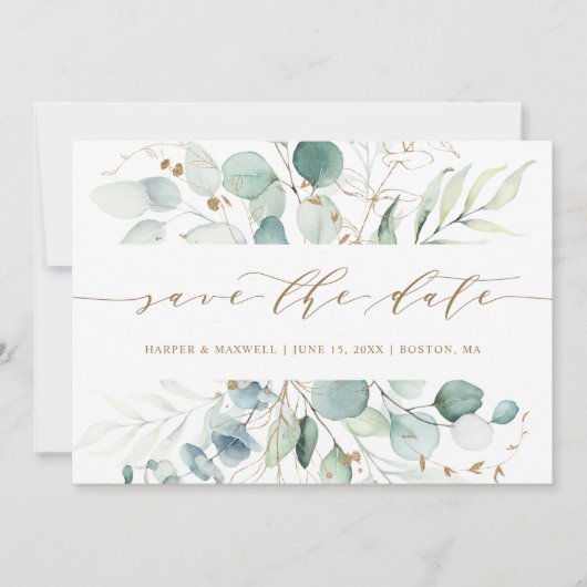 Save The Date Mariage botanique élégant or et vert (Devant)