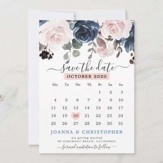 Save The Date Mariage Botanique Fleur Rose Poussiéreux Bleu (Devant)