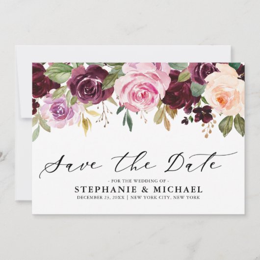 Save The Date Mariage Botanique Floral Rose Pourpre Prune Blush (Devant)