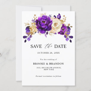 Save The Date Mariage Botanique Floral Violet Pourpre Royal Or